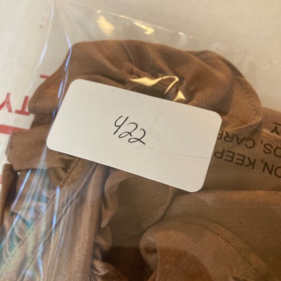 Womens Talbots Slub Silk Ruffle V Neck Blouse Back Button Cap Sleeve 12 Brown - Picture 9 of 9